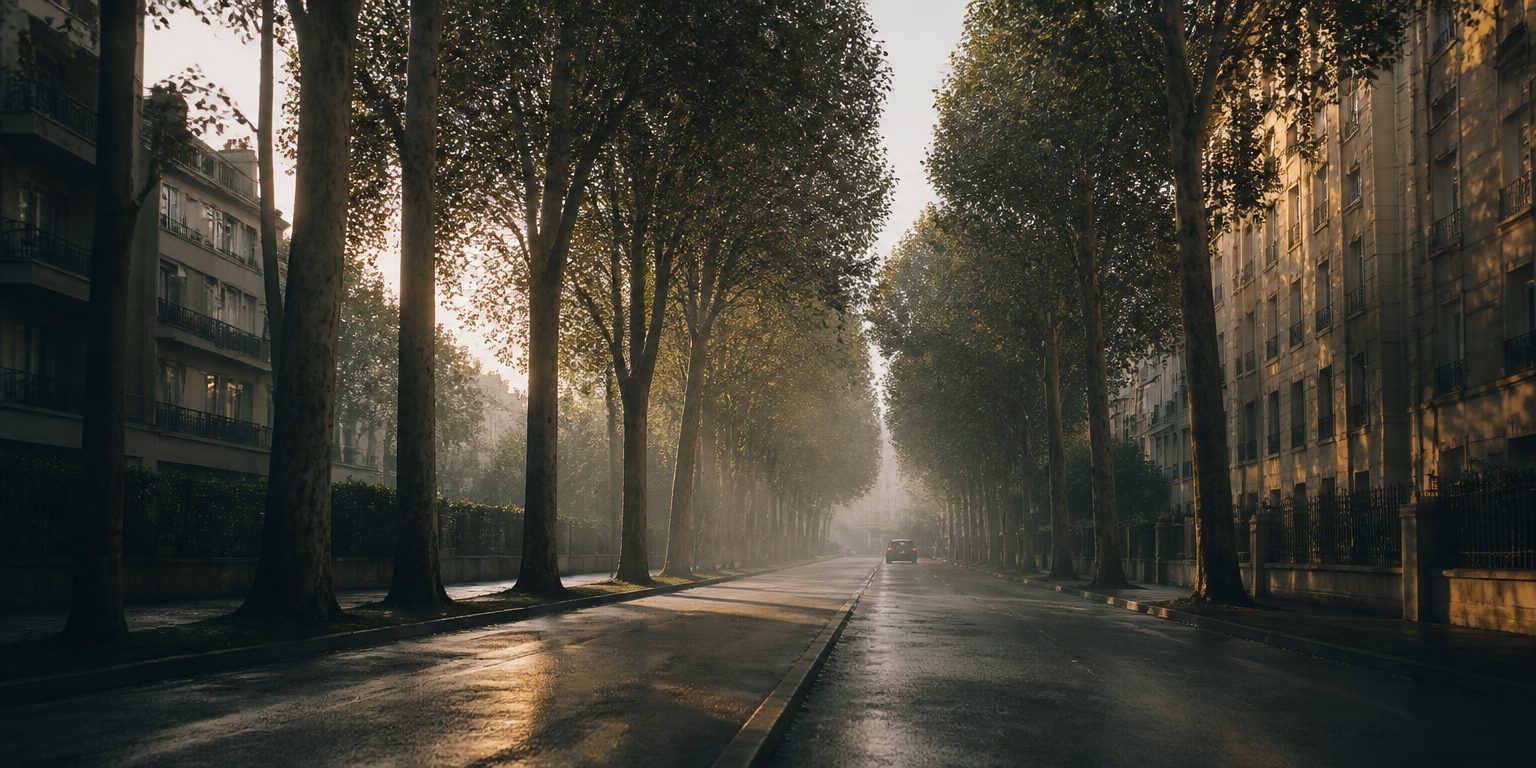 Boulevard arboré d'Île-de-France au petit matin