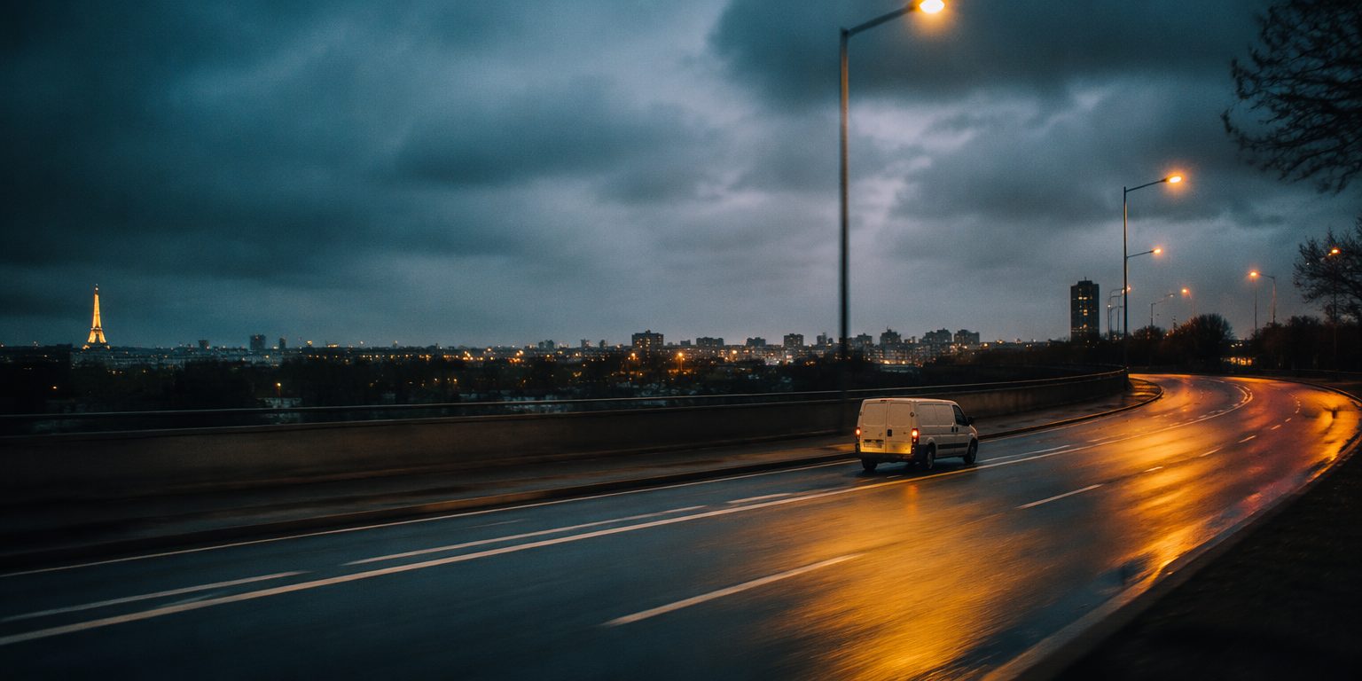 Camionnette d'intervention sur le périphérique parisien à la tombée de la nuit