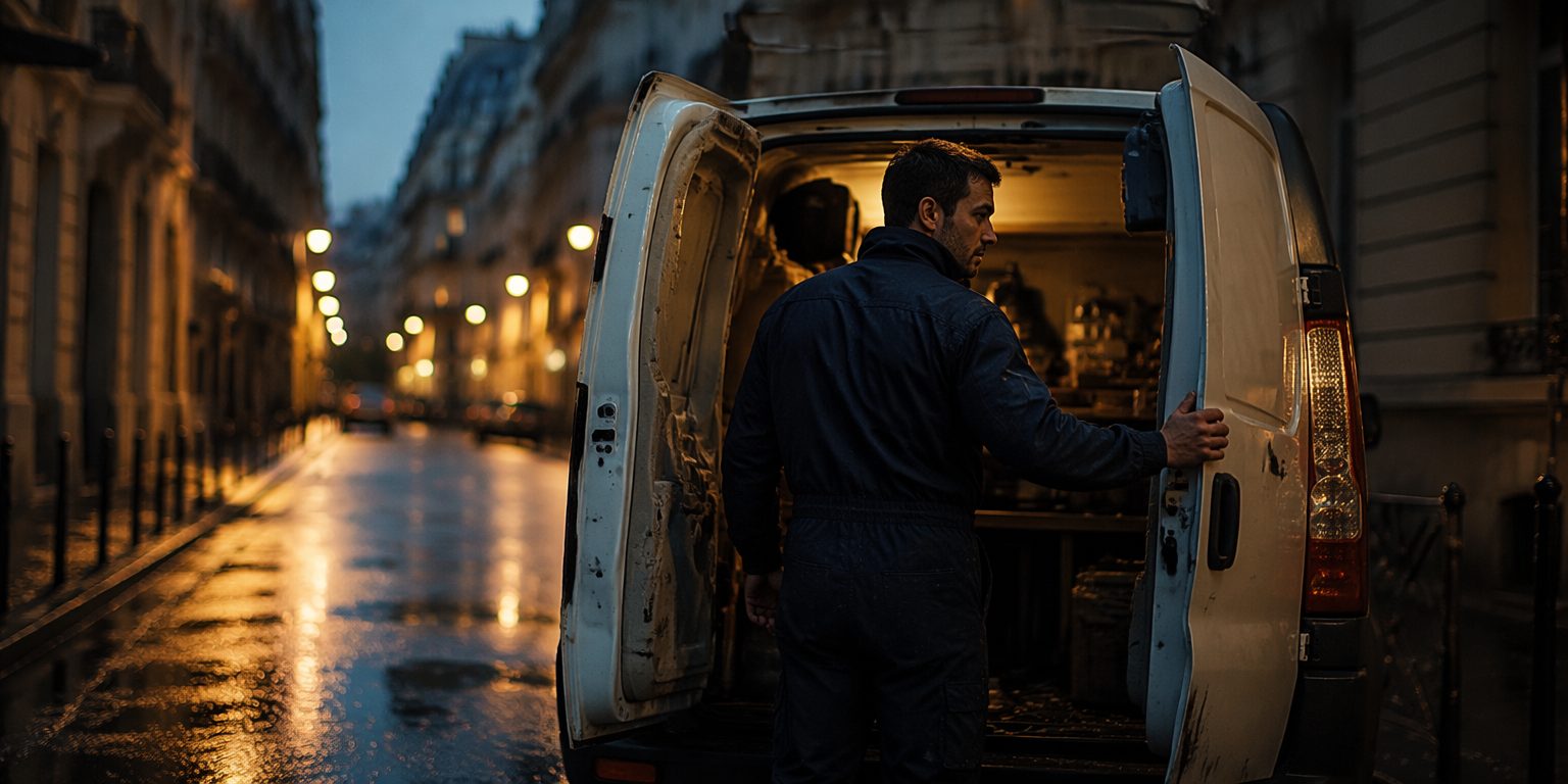Un dépanneur referme son atelier mobile à la tombée du jour, à Paris