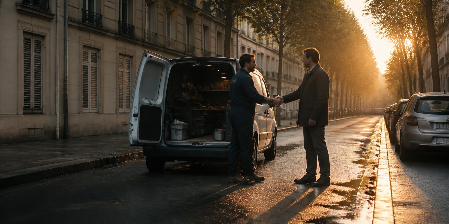 Poignée de main entre un dépanneur et son apporteur d'affaires, devant un atelier mobile