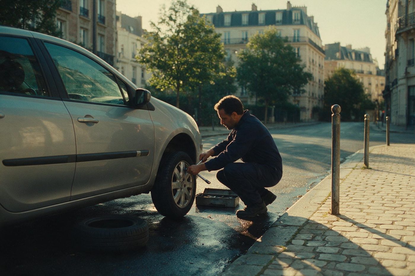 Un professionnel monte un pneu neuf sur place dans une rue de Paris